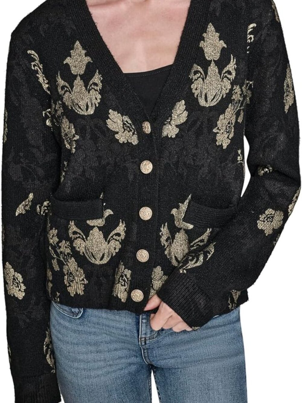 Karl Lagerfeld Women's Long Sleeve V Neck Patterned Cardigan Sweater
